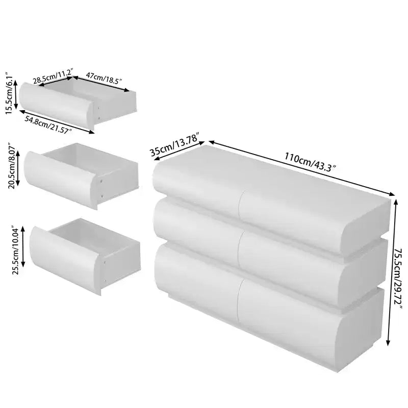 Comò bianco a 6 cassetti, stile moderno senza maniglie, per 1 persona