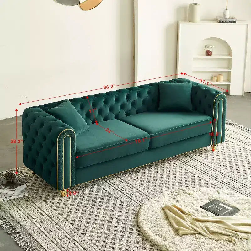 Divano Chesterfield trapuntato in velluto beige/verde, a 3 posti con gambe con finiture dorate
