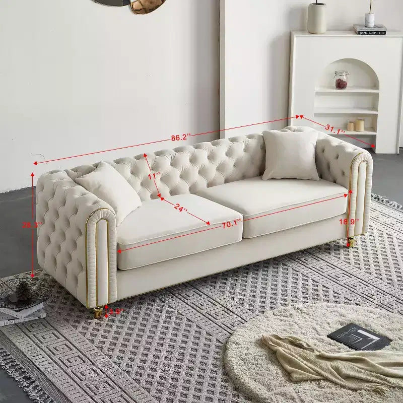 Divano Chesterfield trapuntato in velluto beige/verde, a 3 posti con gambe con finiture dorate