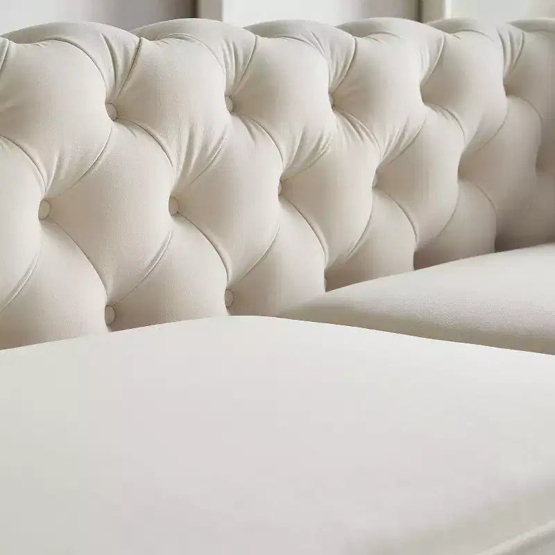 Divano Chesterfield trapuntato in velluto beige/verde, a 3 posti con gambe con finiture dorate