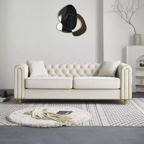86 Luxury Modern Tufted Chesterfield Sofa, 3-Seater Couch with Rolled Arms and Gold Trim for Living Room, Bedroom, or Apartment-Panipeachy