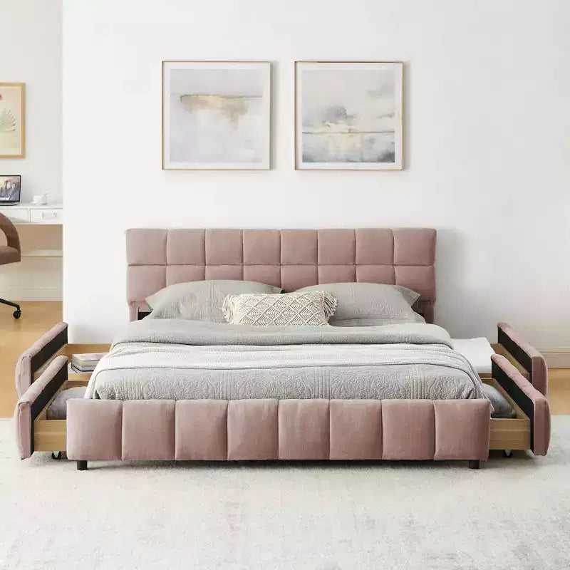 Letto a piattaforma Queen imbottito in ciniglia rosa con cassetti, per 1-2 persone