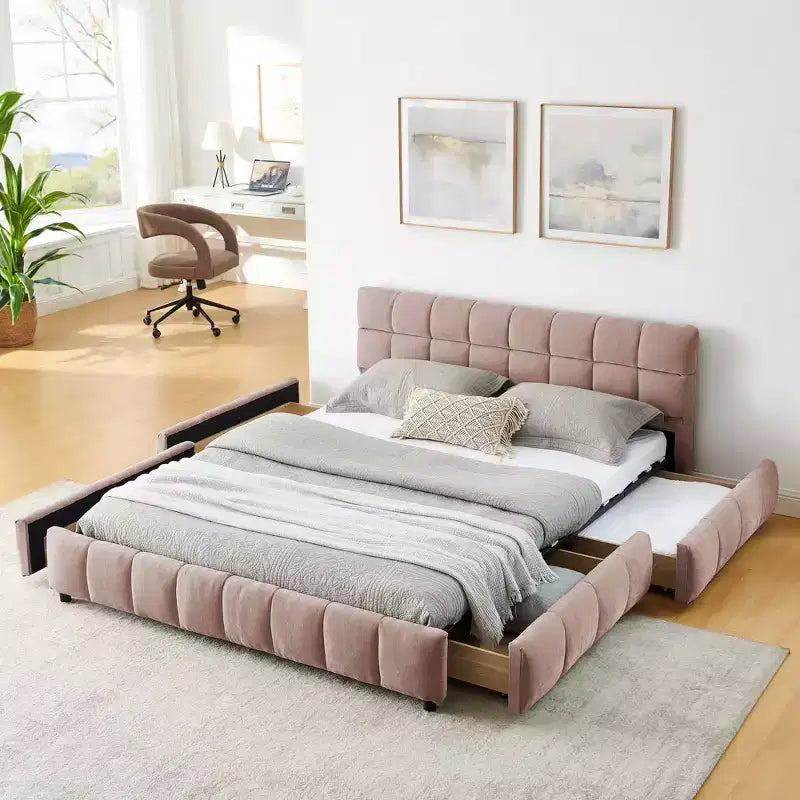 Letto a piattaforma Queen imbottito in ciniglia rosa con cassetti, per 1-2 persone
