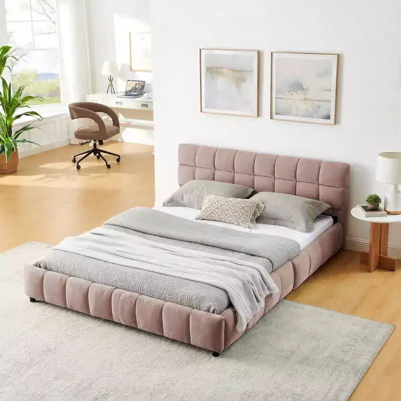 Letto a piattaforma Queen imbottito in ciniglia rosa con cassetti, per 1-2 persone