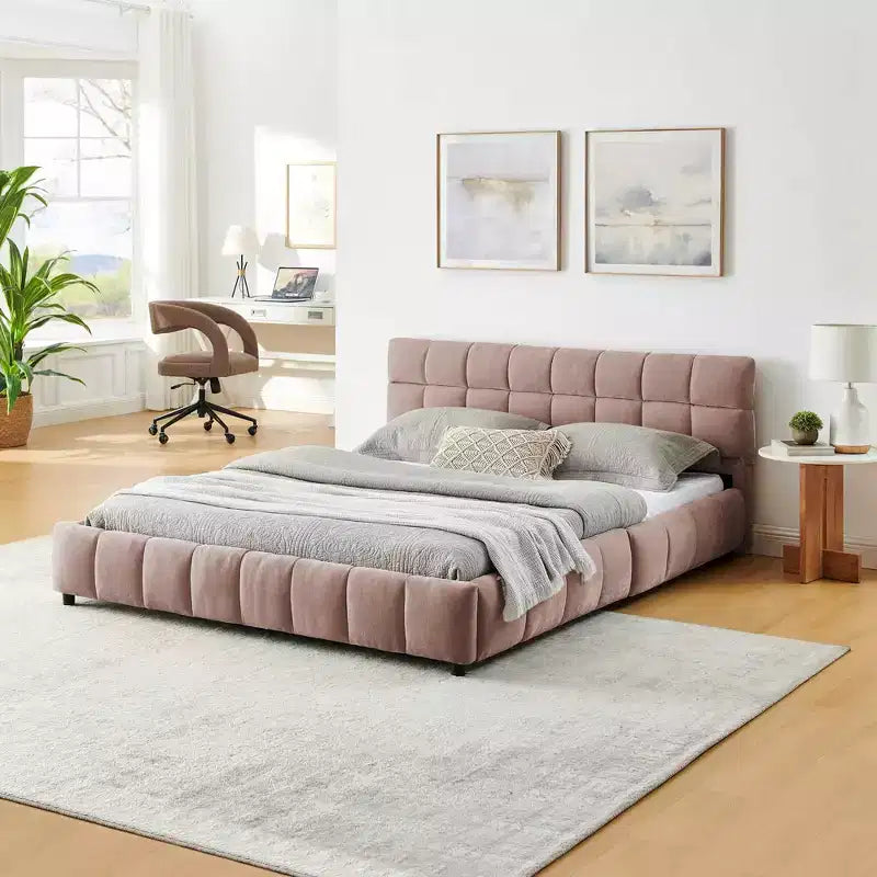 Letto a piattaforma Queen imbottito in ciniglia rosa con cassetti, per 1-2 persone