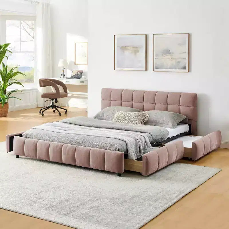 Letto a piattaforma Queen imbottito in ciniglia rosa con cassetti, per 1-2 persone