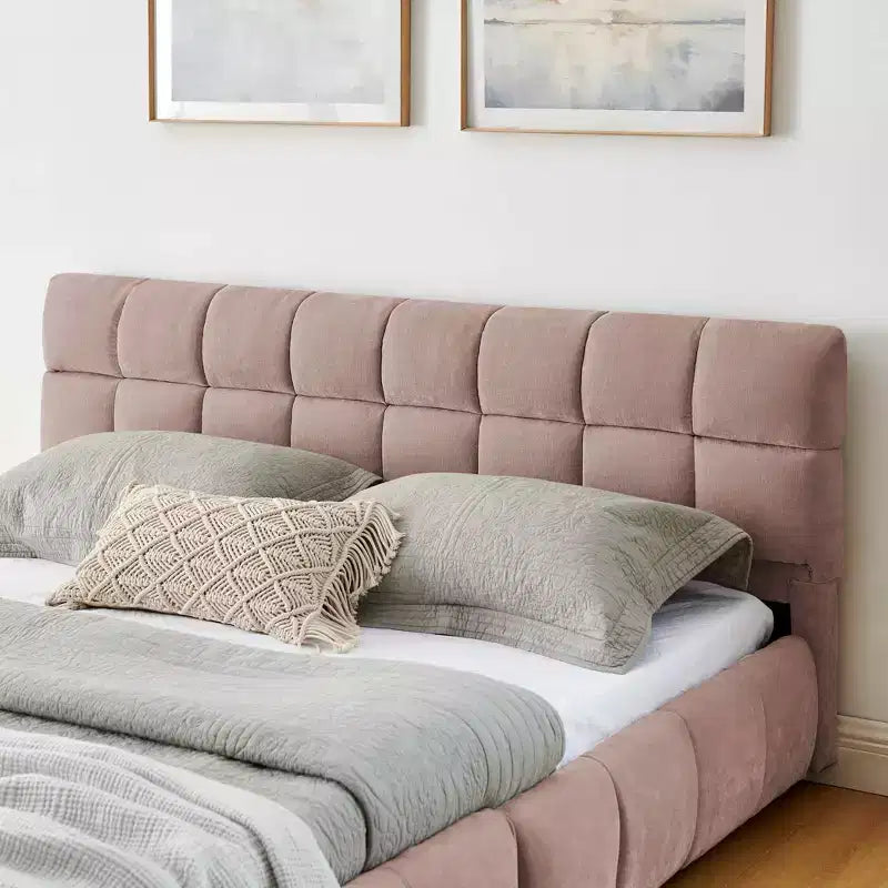 Letto a piattaforma Queen imbottito in ciniglia rosa con cassetti, per 1-2 persone