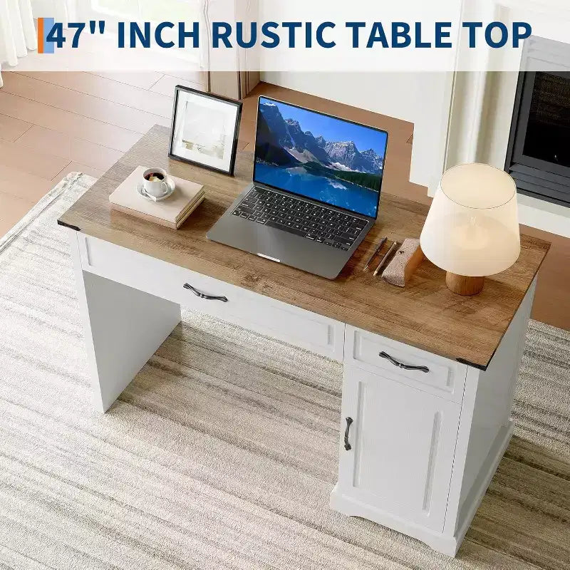 Scrivania bianca in stile rustico, 119 cm, monoposto, con cassetti e contenitori