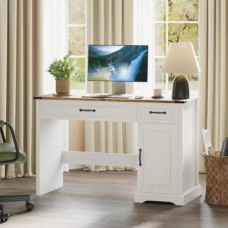 Scrivania bianca in stile rustico, 119 cm, monoposto, con cassetti e contenitori