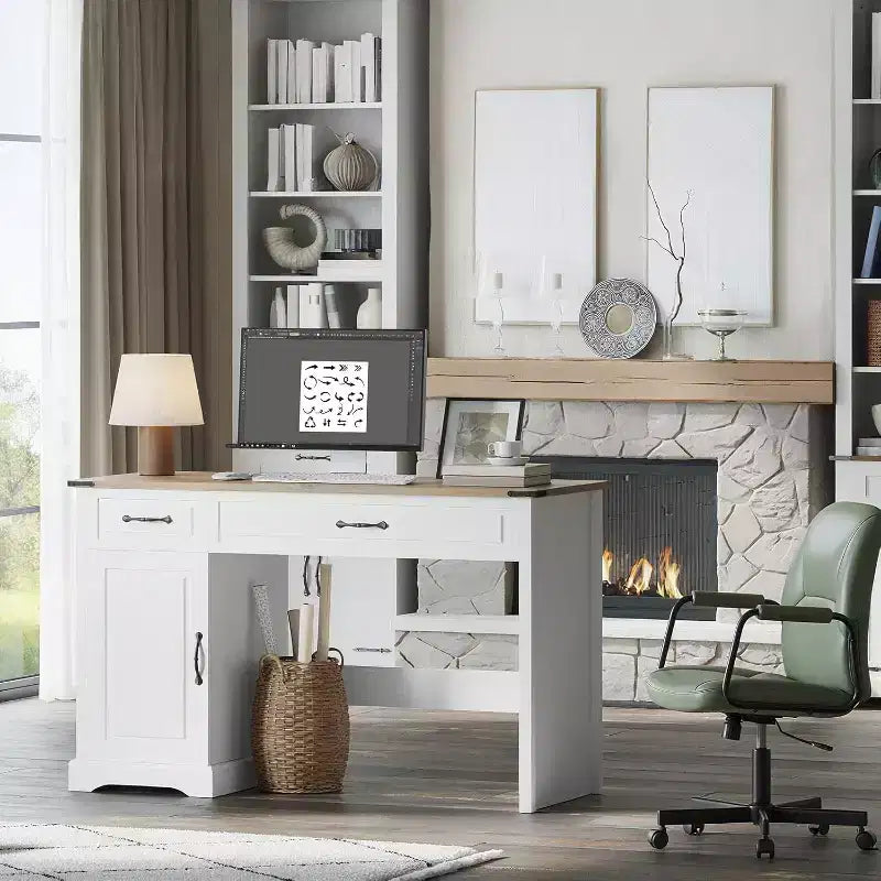 Scrivania bianca in stile rustico, 119 cm, monoposto, con cassetti e contenitori