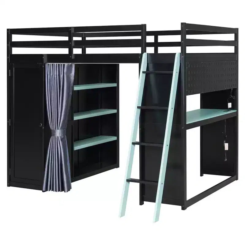 Letto a soppalco full-size nero e blu con scrivania, armadio e luci RGB – Per 1