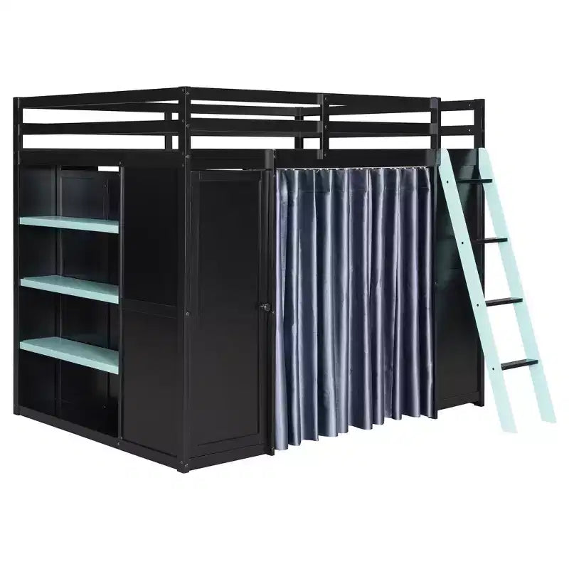 Letto a soppalco full-size nero e blu con scrivania, armadio e luci RGB – Per 1