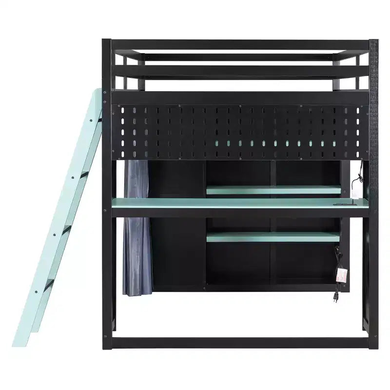 Letto a soppalco full-size nero e blu con scrivania, armadio e luci RGB – Per 1