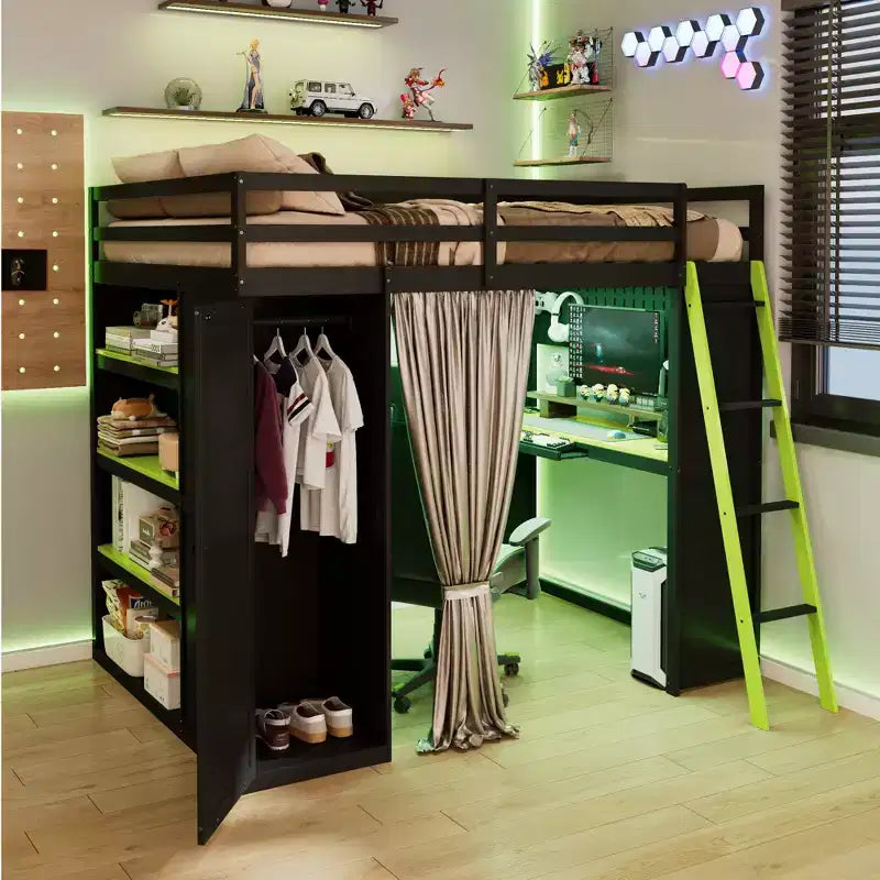 Letto a soppalco full-size nero e blu con scrivania, armadio e luci RGB – Per 1