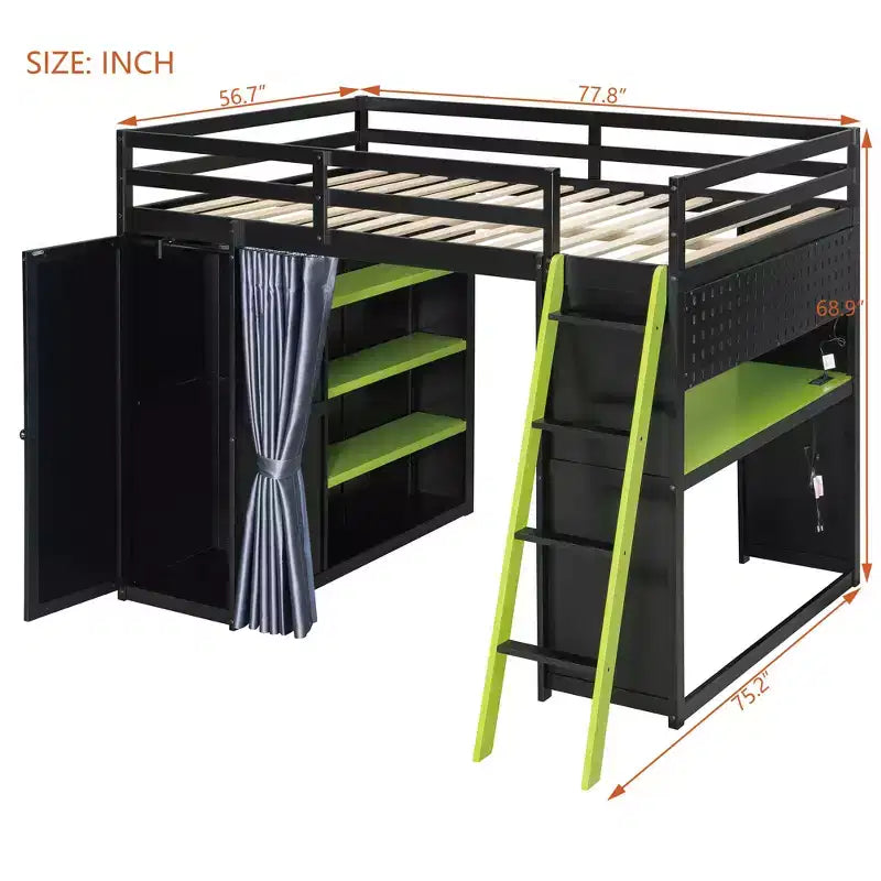 Letto a soppalco full-size nero e blu con scrivania, armadio e luci RGB – Per 1