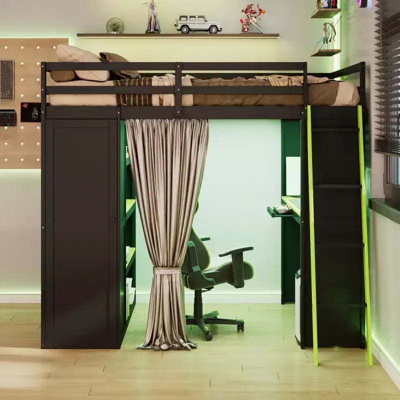 Letto a soppalco full-size nero e blu con scrivania, armadio e luci RGB – Per 1