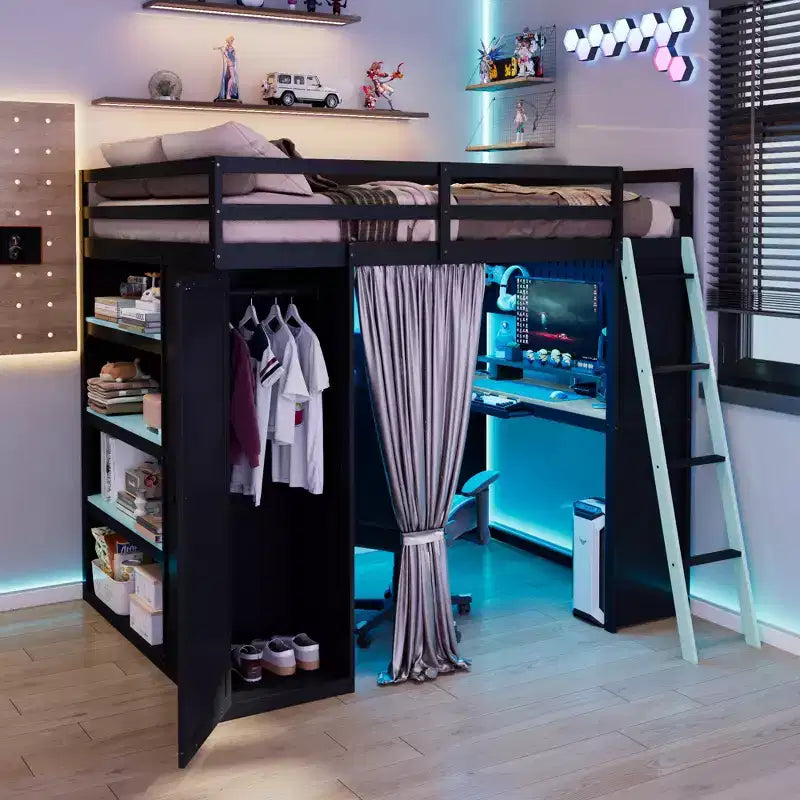 Letto a soppalco full-size nero e blu con scrivania, armadio e luci RGB – Per 1