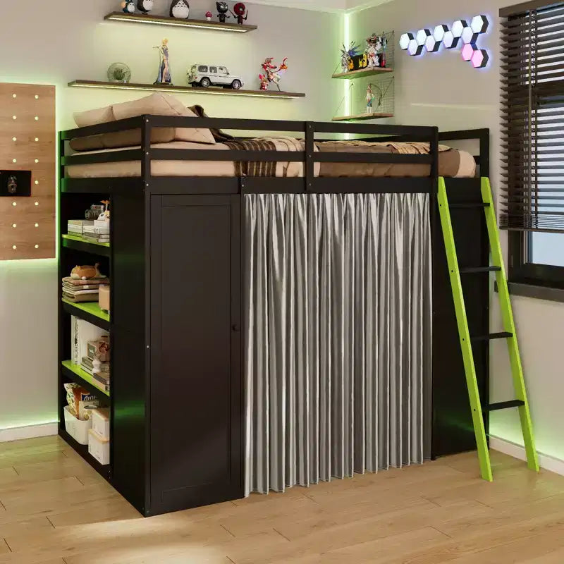 Letto a soppalco full-size nero e blu con scrivania, armadio e luci RGB – Per 1
