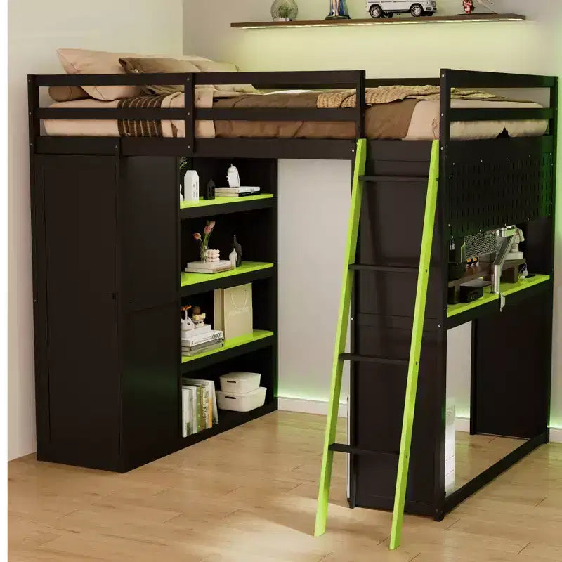 Letto a soppalco full-size nero e blu con scrivania, armadio e luci RGB – Per 1