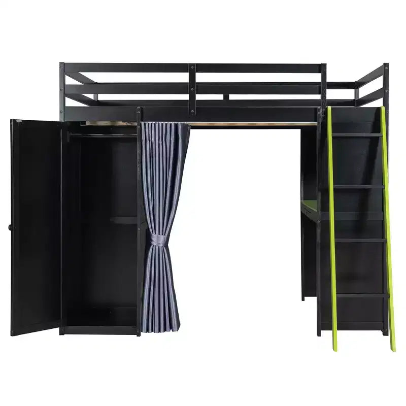 Letto a soppalco full-size nero e blu con scrivania, armadio e luci RGB – Per 1