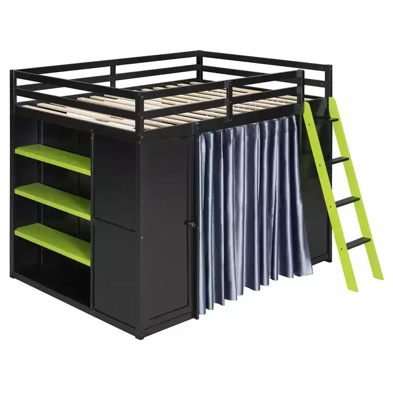 Letto a soppalco full-size nero e blu con scrivania, armadio e luci RGB – Per 1