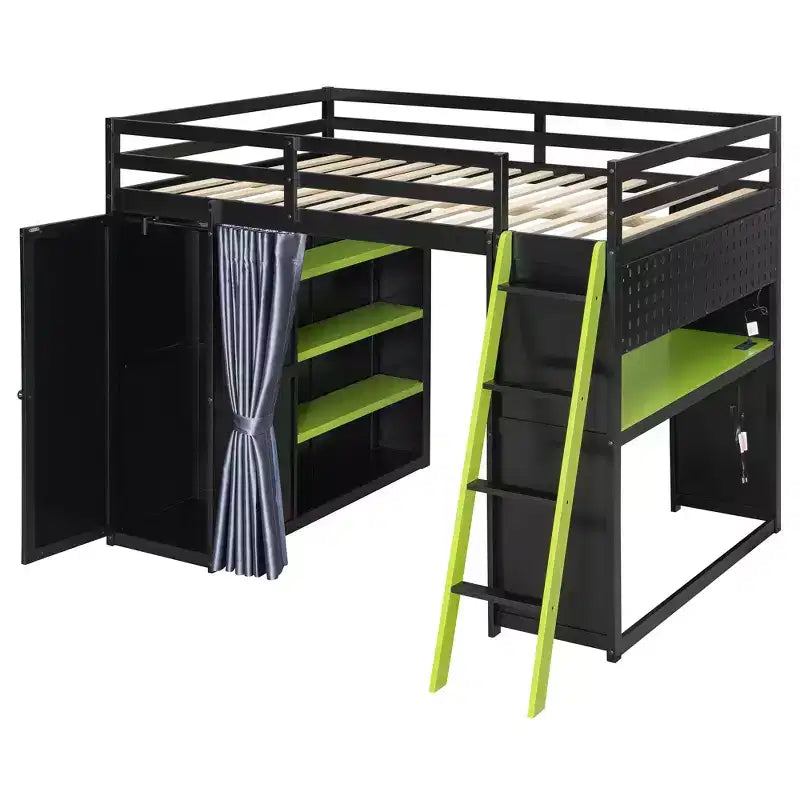 Letto a soppalco full-size nero e blu con scrivania, armadio e luci RGB – Per 1
