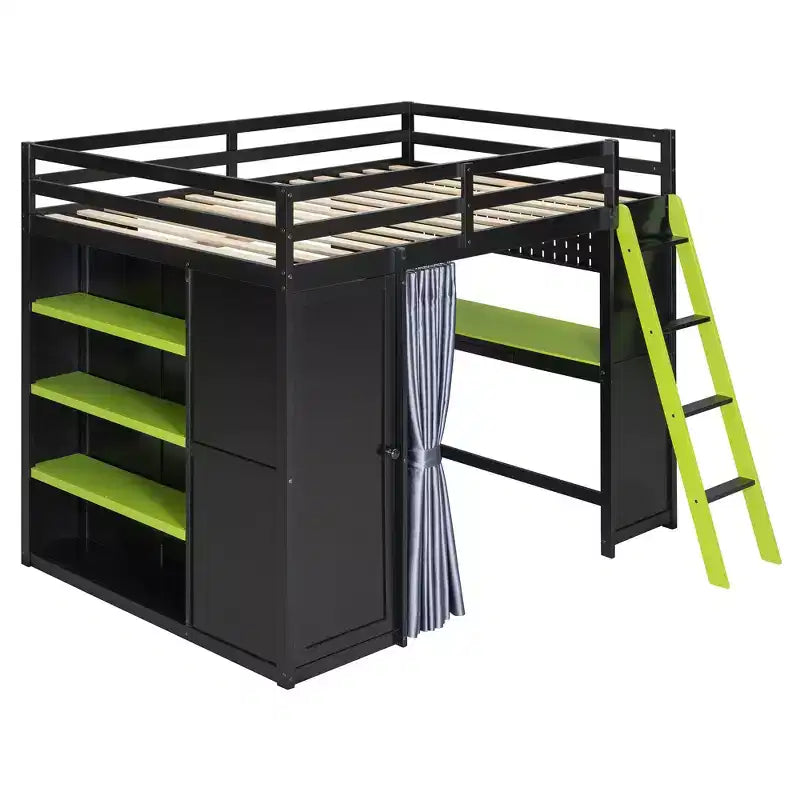 Letto a soppalco full-size nero e blu con scrivania, armadio e luci RGB – Per 1