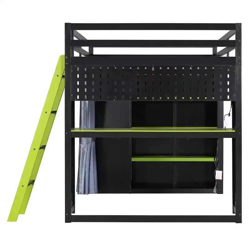 Letto a soppalco full-size nero e blu con scrivania, armadio e luci RGB – Per 1