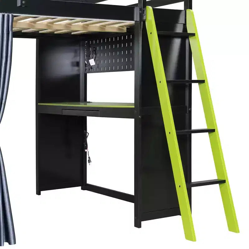 Letto a soppalco full-size nero e blu con scrivania, armadio e luci RGB – Per 1