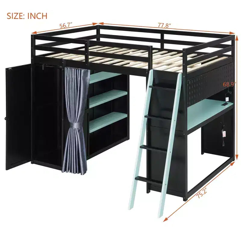 Letto a soppalco full-size nero e blu con scrivania, armadio e luci RGB – Per 1