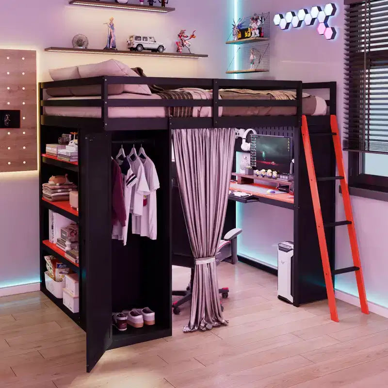 Letto a soppalco full-size nero e blu con scrivania, armadio e luci RGB – Per 1