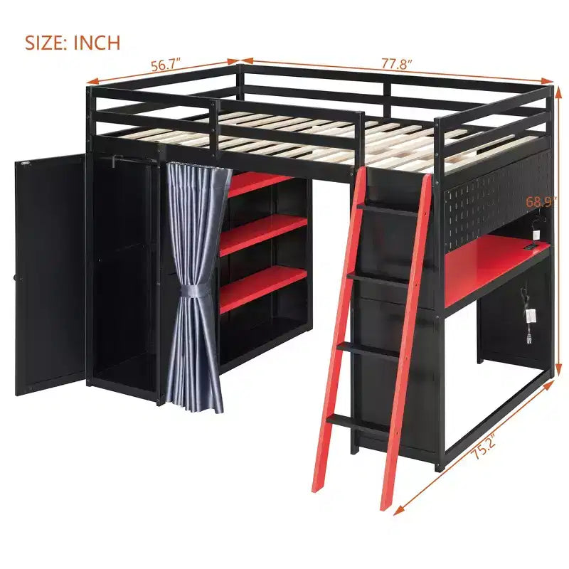 Letto a soppalco full-size nero e blu con scrivania, armadio e luci RGB – Per 1