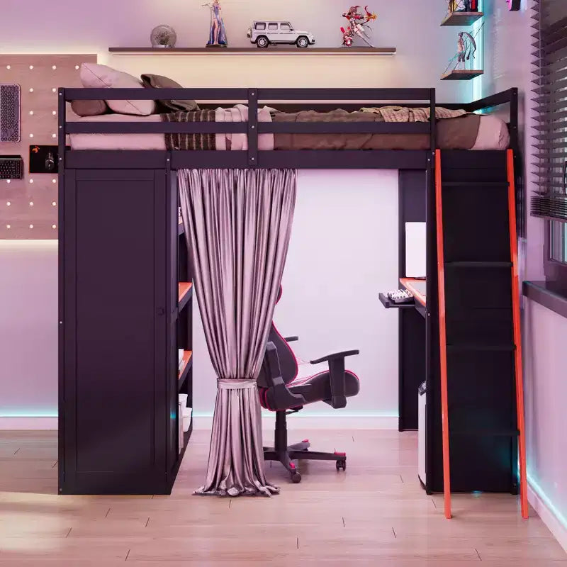 Letto a soppalco full-size nero e blu con scrivania, armadio e luci RGB – Per 1