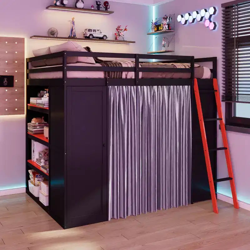 Letto a soppalco full-size nero e blu con scrivania, armadio e luci RGB – Per 1