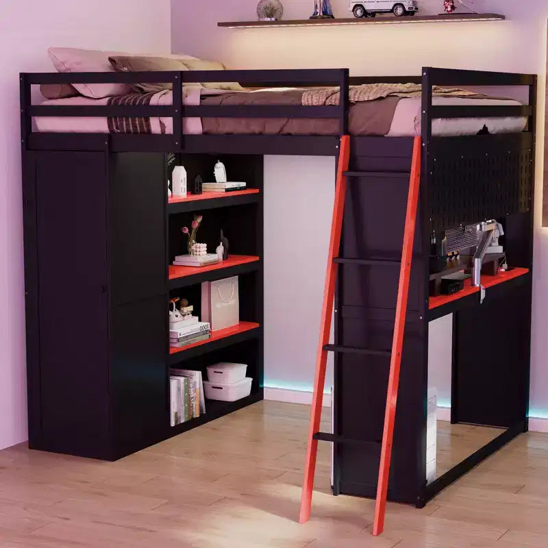 Letto a soppalco full-size nero e blu con scrivania, armadio e luci RGB – Per 1