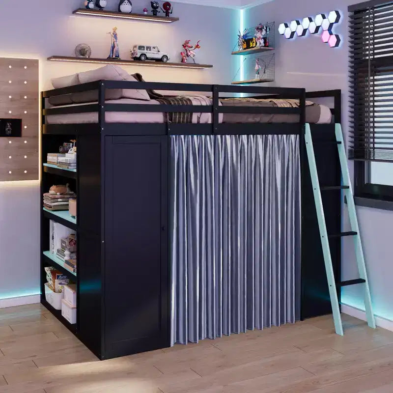 Letto a soppalco full-size nero e blu con scrivania, armadio e luci RGB – Per 1