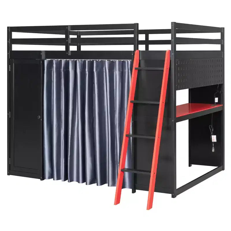 Letto a soppalco full-size nero e blu con scrivania, armadio e luci RGB – Per 1