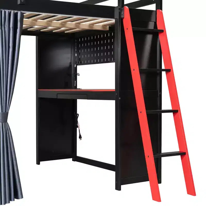 Letto a soppalco full-size nero e blu con scrivania, armadio e luci RGB – Per 1
