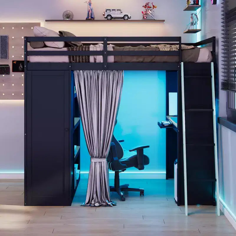 Letto a soppalco full-size nero e blu con scrivania, armadio e luci RGB – Per 1