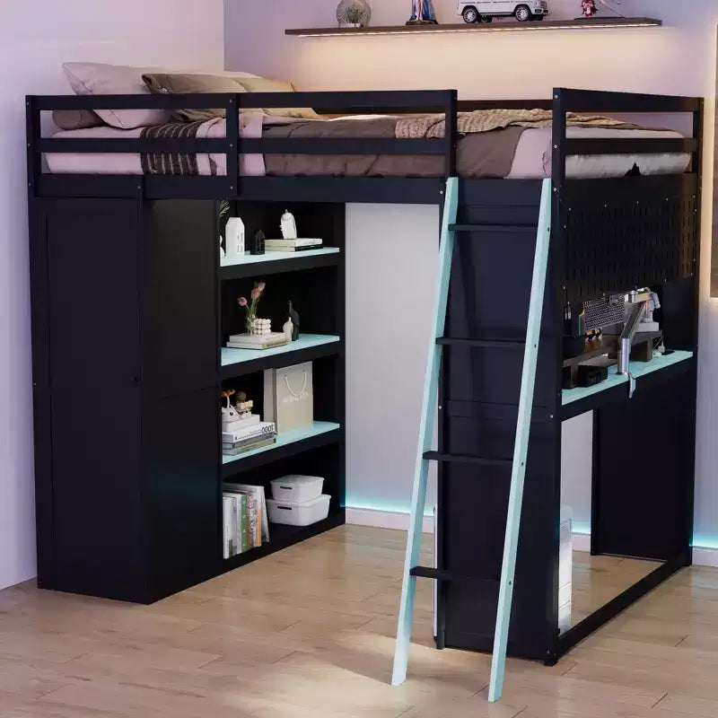 Letto a soppalco full-size nero e blu con scrivania, armadio e luci RGB – Per 1