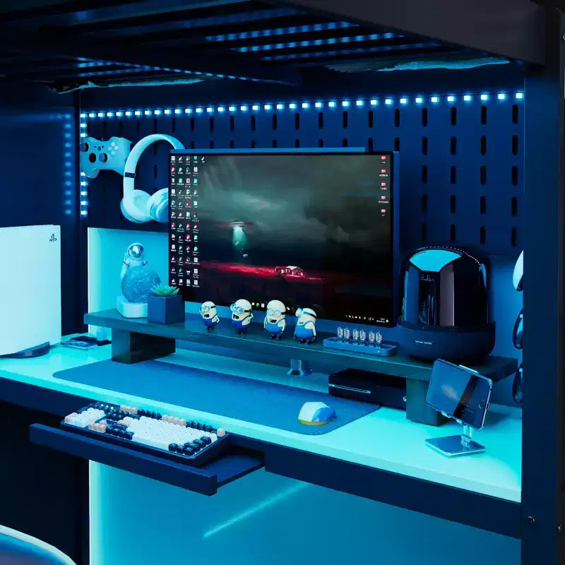 Letto a soppalco full-size nero e blu con scrivania, armadio e luci RGB – Per 1