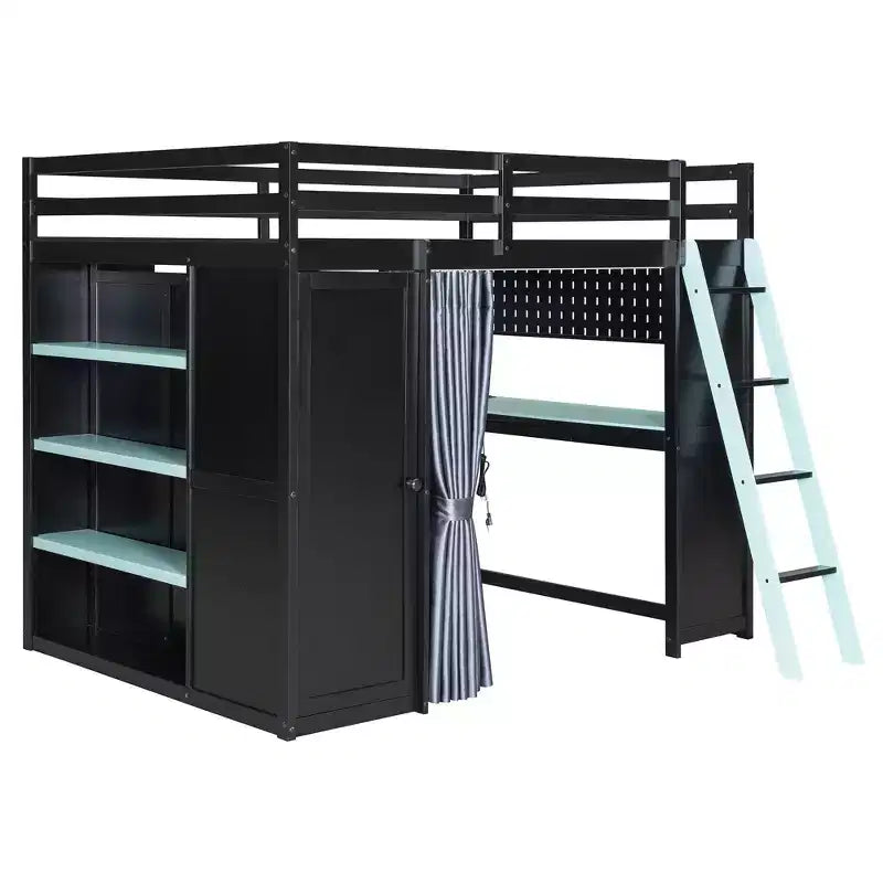 Letto a soppalco full-size nero e blu con scrivania, armadio e luci RGB – Per 1