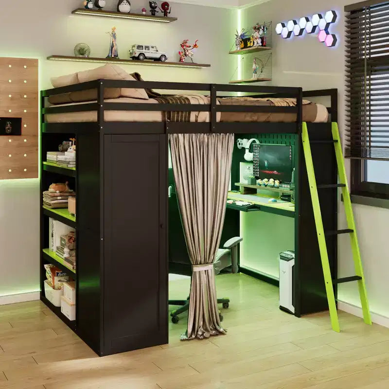 Letto a soppalco full-size nero e blu con scrivania, armadio e luci RGB – Per 1