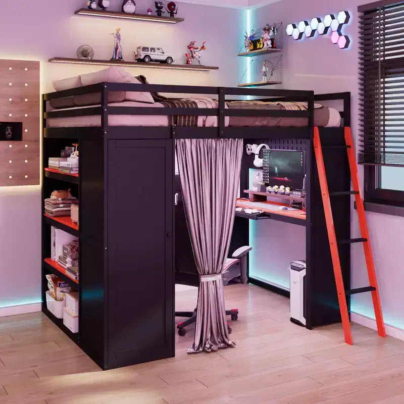 Letto a soppalco full-size nero e blu con scrivania, armadio e luci RGB – Per 1