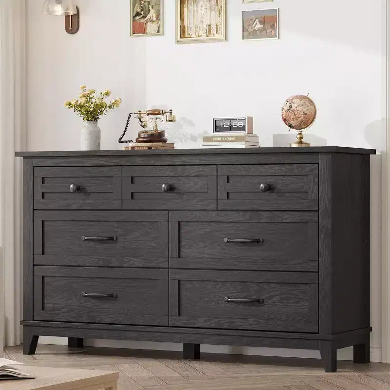 7 Dresser for Bedroom,54 in Wide Drawer Dresser with Storage Freestanding,Wooden Closet Storage Chest for Living Room, Bedroom, Entryway,Black
