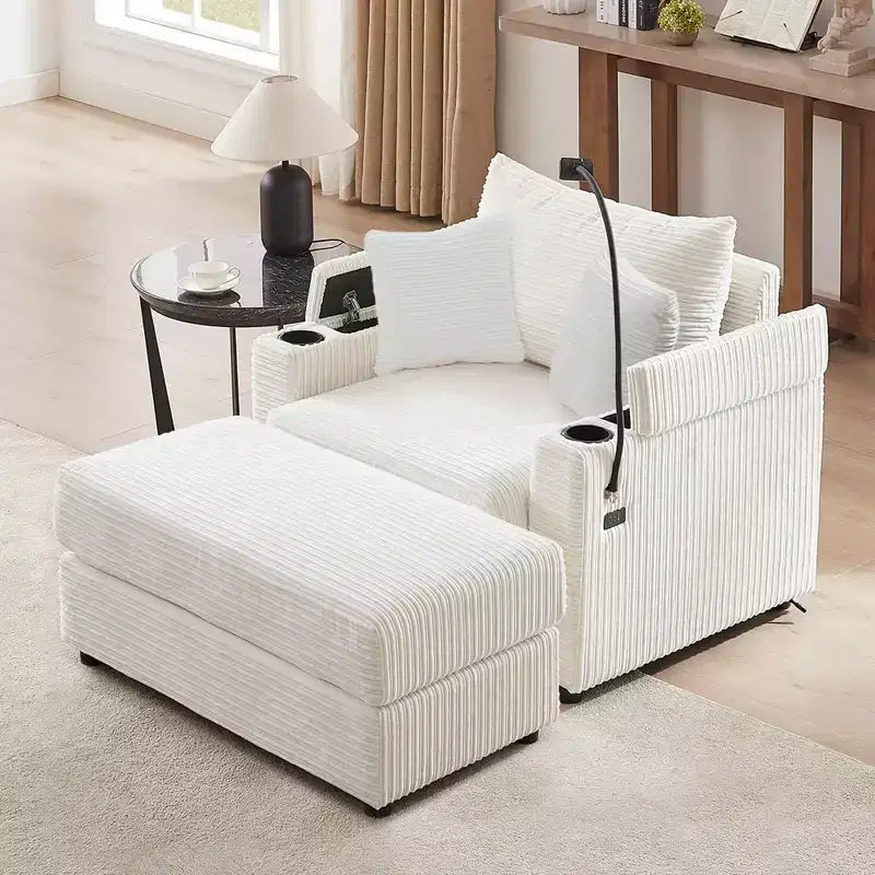 Divano singolo in velluto a coste beige con pouf contenitore e portabicchieri, 1 posto
