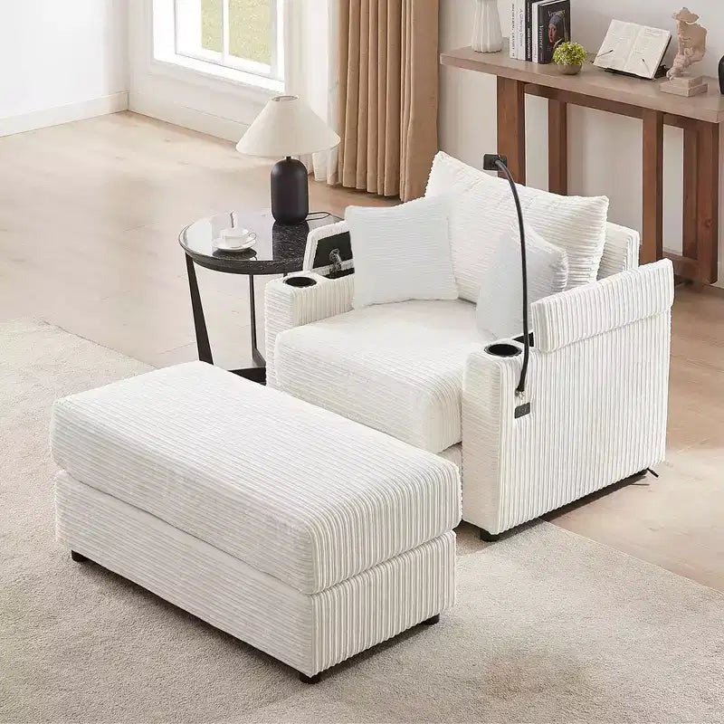 Divano singolo in velluto a coste beige con pouf contenitore e portabicchieri, 1 posto
