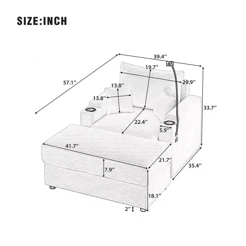 Divano singolo in velluto a coste beige con pouf contenitore e portabicchieri, 1 posto