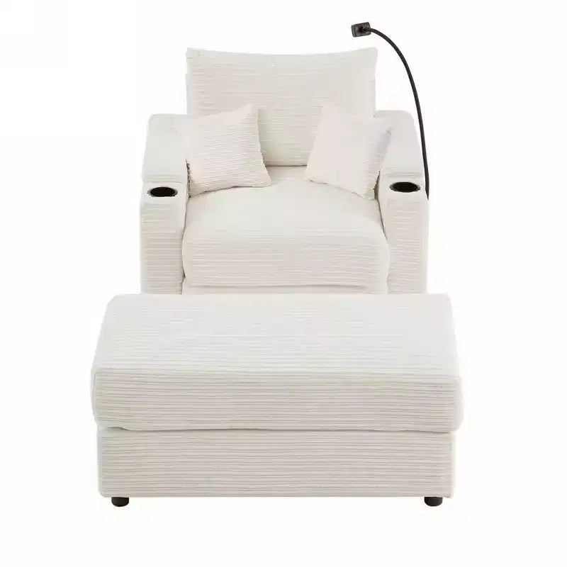 Divano singolo in velluto a coste beige con pouf contenitore e portabicchieri, 1 posto