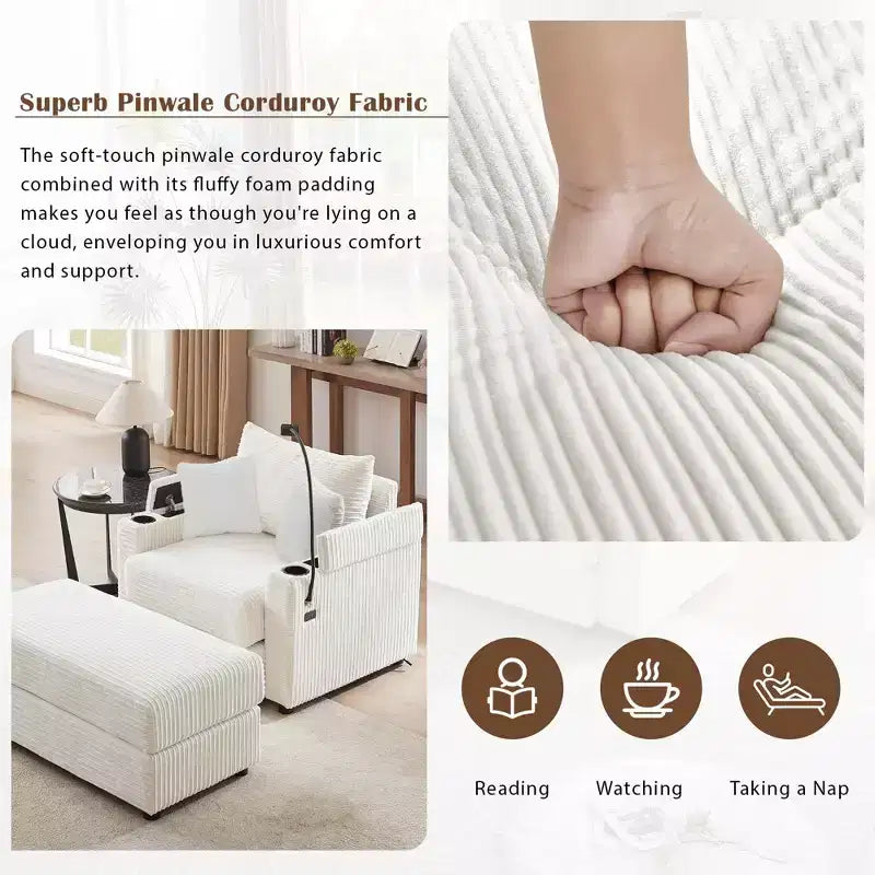 Divano singolo in velluto a coste beige con pouf contenitore e portabicchieri, 1 posto